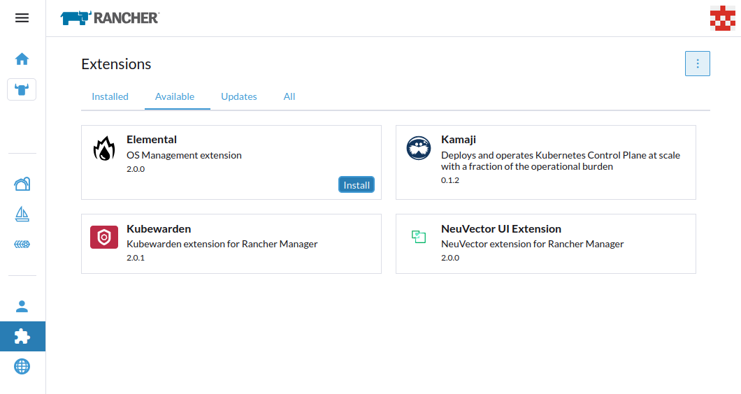 Plugins disponibles de Rancher Manager