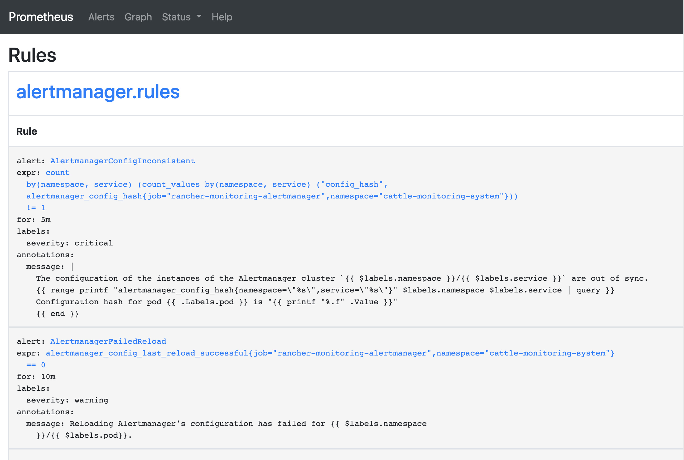 Interface utilisateur des PrometheusRules