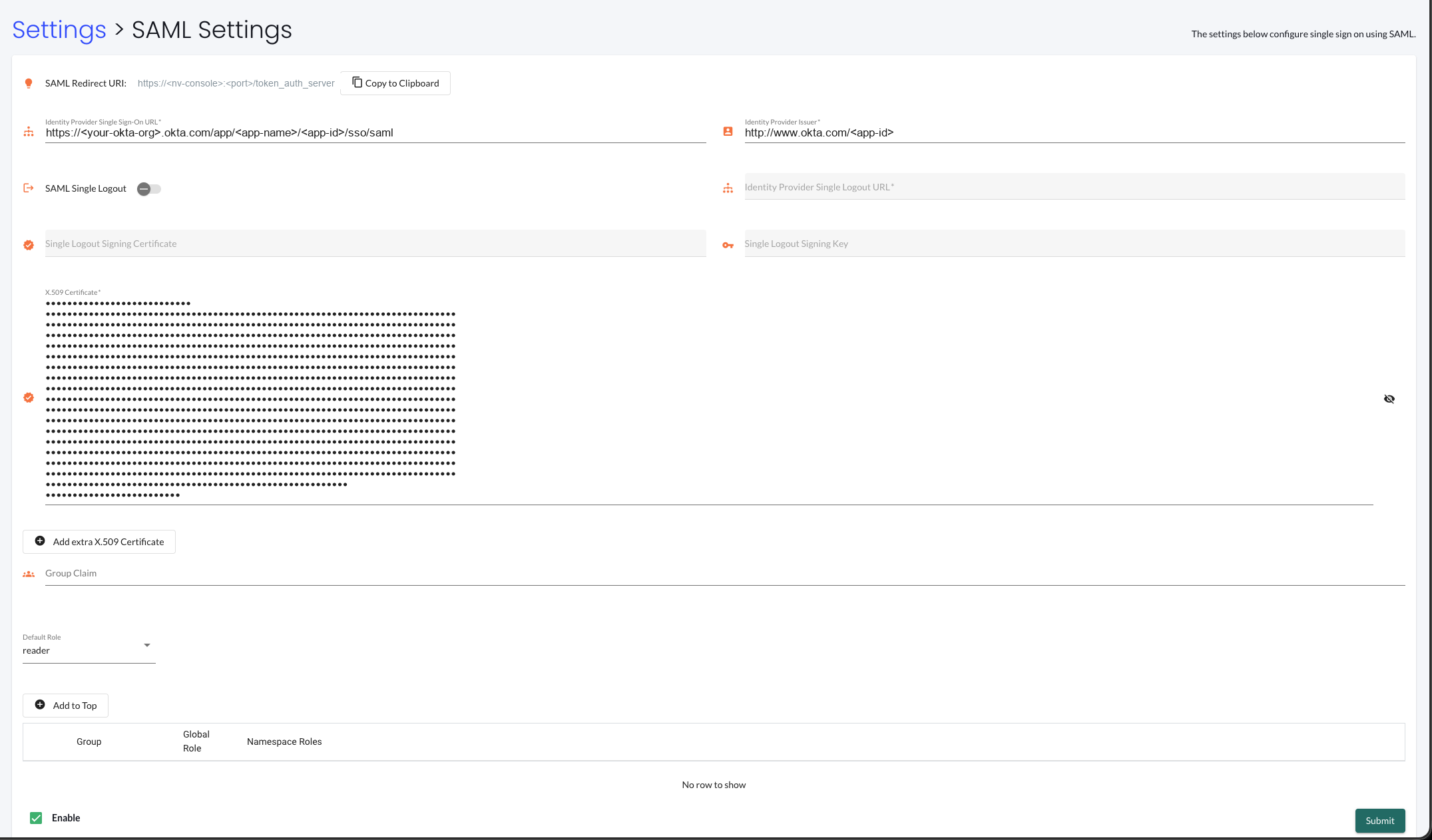 NeuVector SAML settings