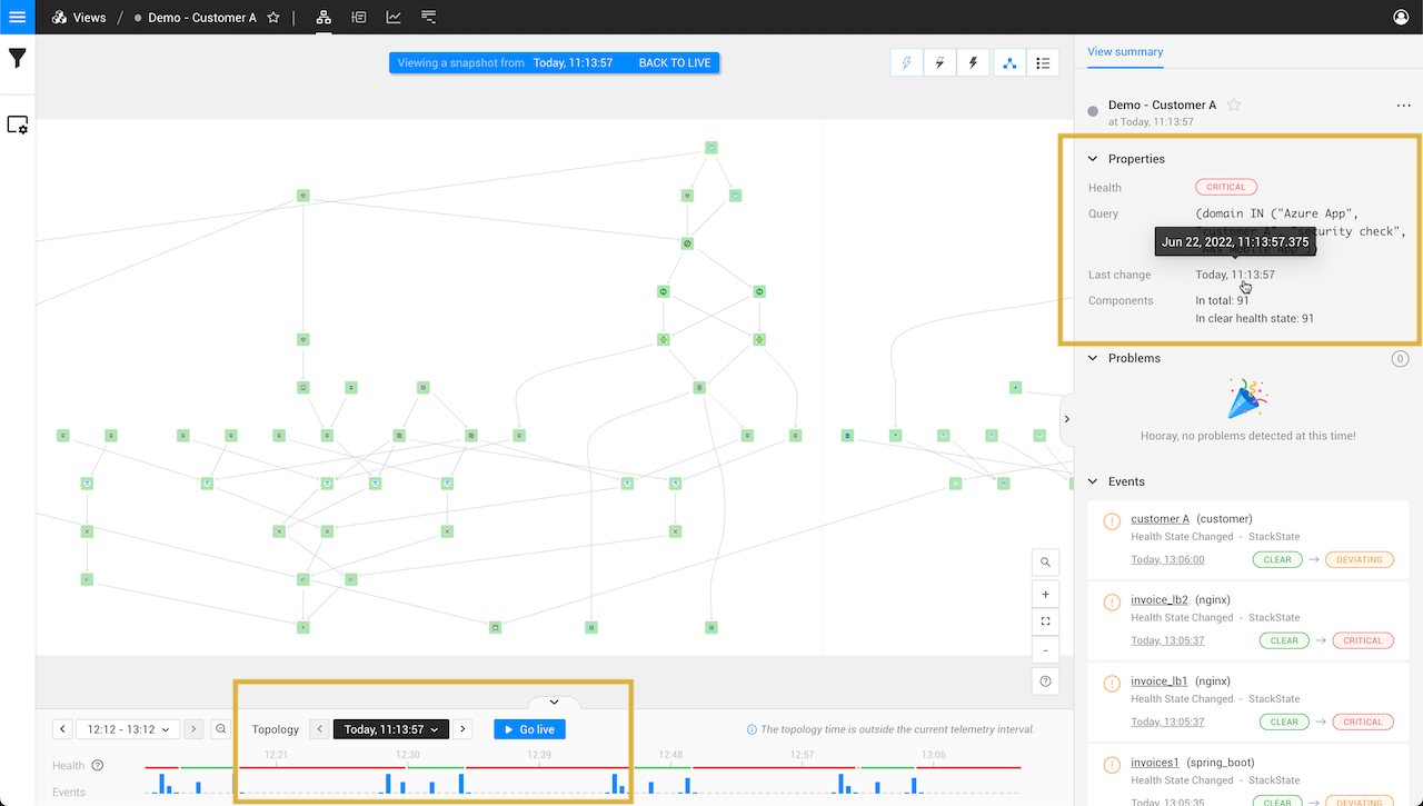 Haz clic en una marca de tiempo para saltar a ese tiempo de topología específico