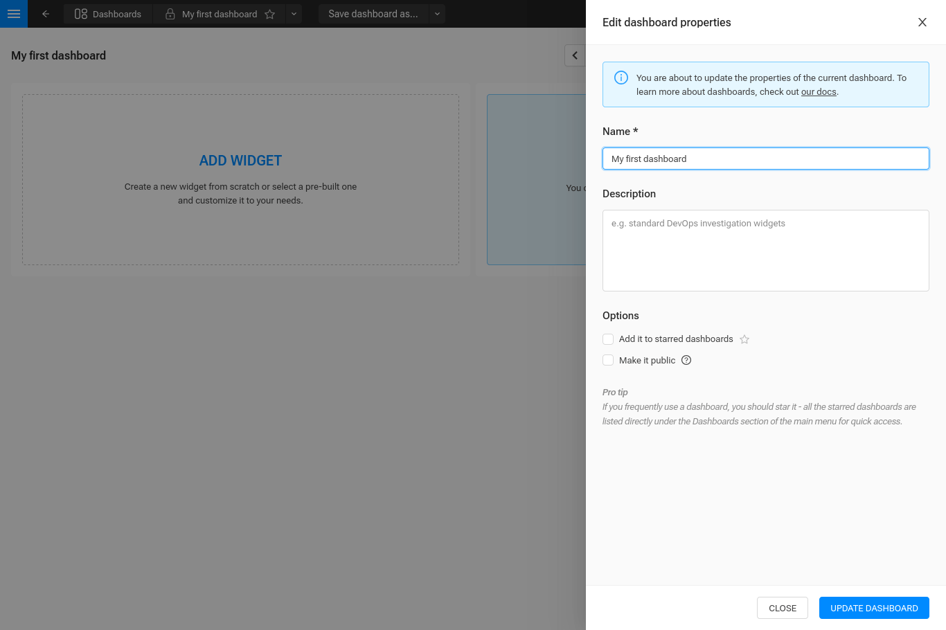 Modifier les propriétés du tableau de bord