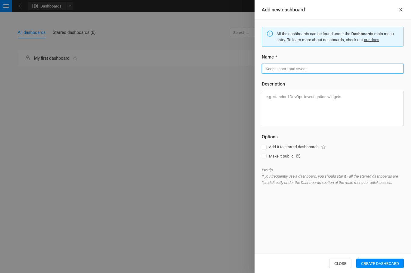 新しいダッシュボードの引き出し