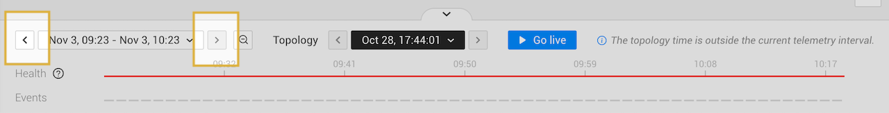 Clique nas setas do jumper de tempo para mover o intervalo de telemetria para trás ou para frente no tempo