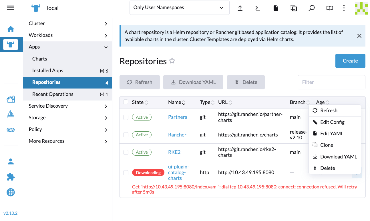 Rancher UI - Bildschirm für Repositories aktualisieren