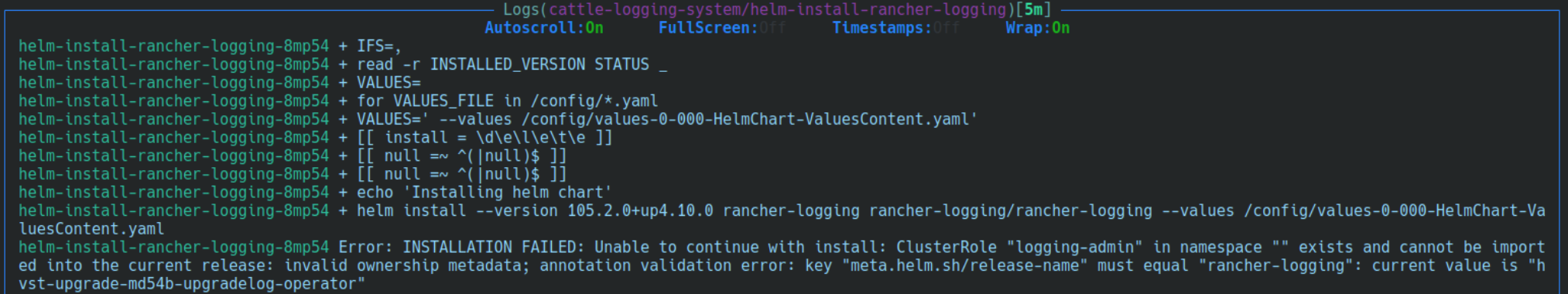 Fehler bei der Installation von rancher-logging aufgrund eines Konflikts