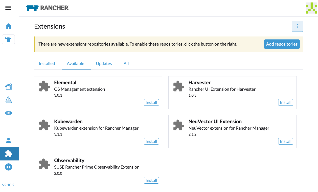 Rancher UI - Available Extensions