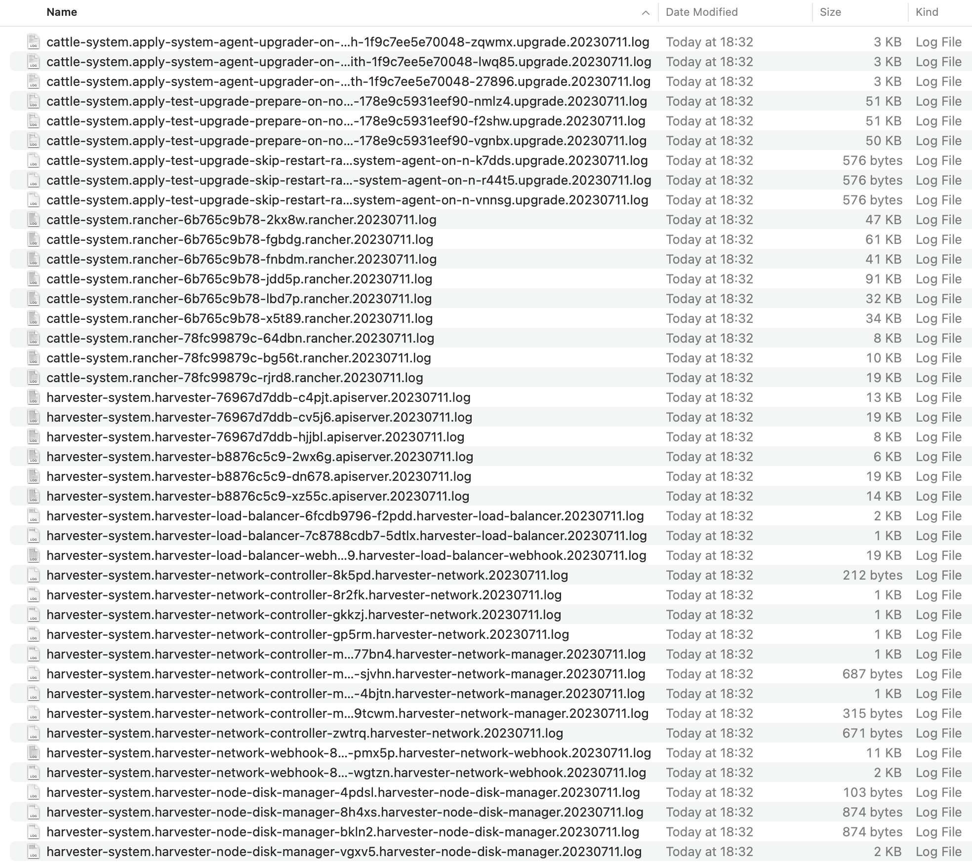 El archivo de registro de actualización de versión contiene todos los registros generados por los Pods relacionados con la actualización de versión