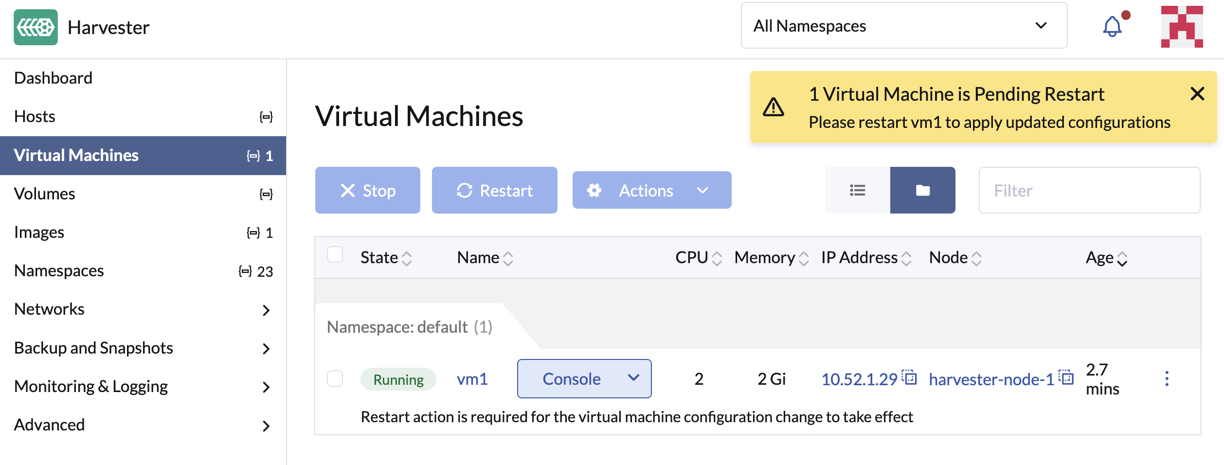 Virtual machine pending restart notification
