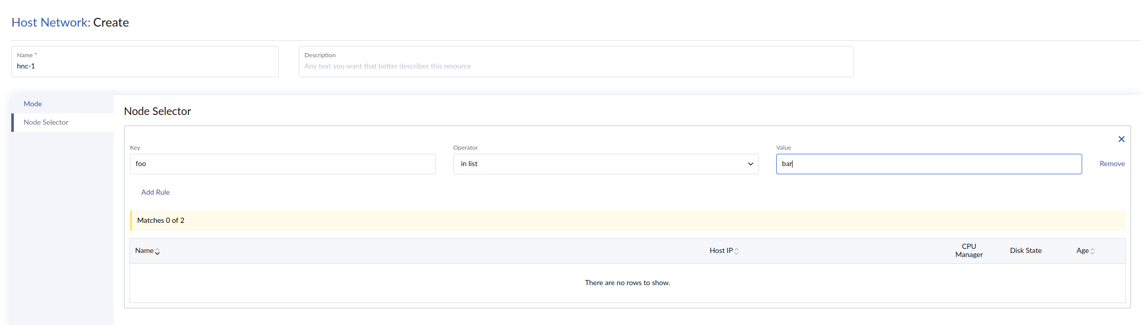Host network node selector