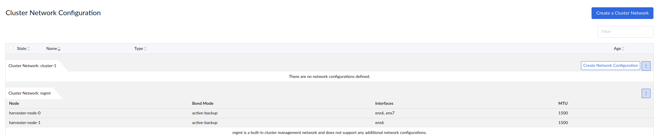 Cluster Network Configuration screen