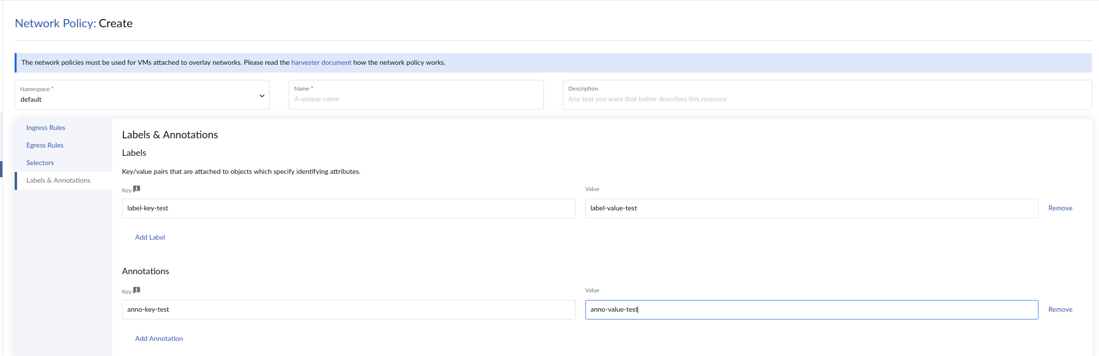 Network policy labels and annotations