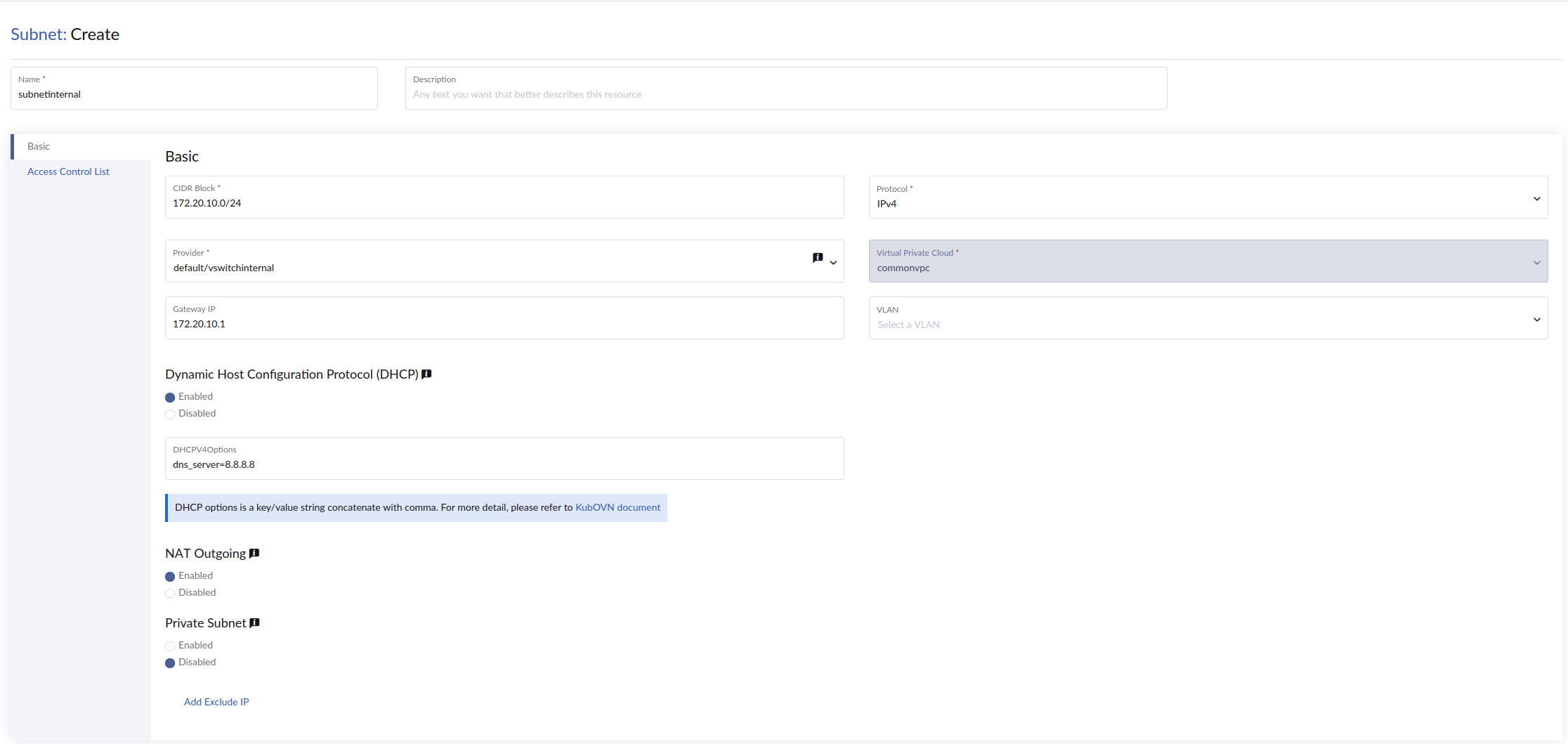 Creating an internal subnet