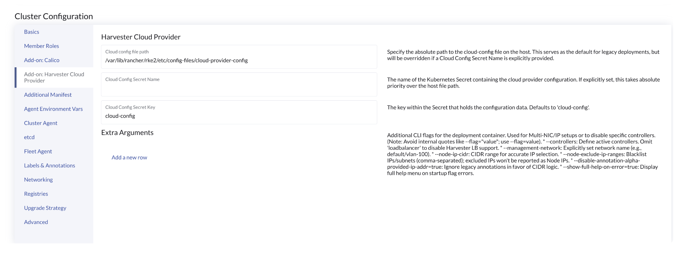 Rancher UI - Harvester Cloud Provider settings