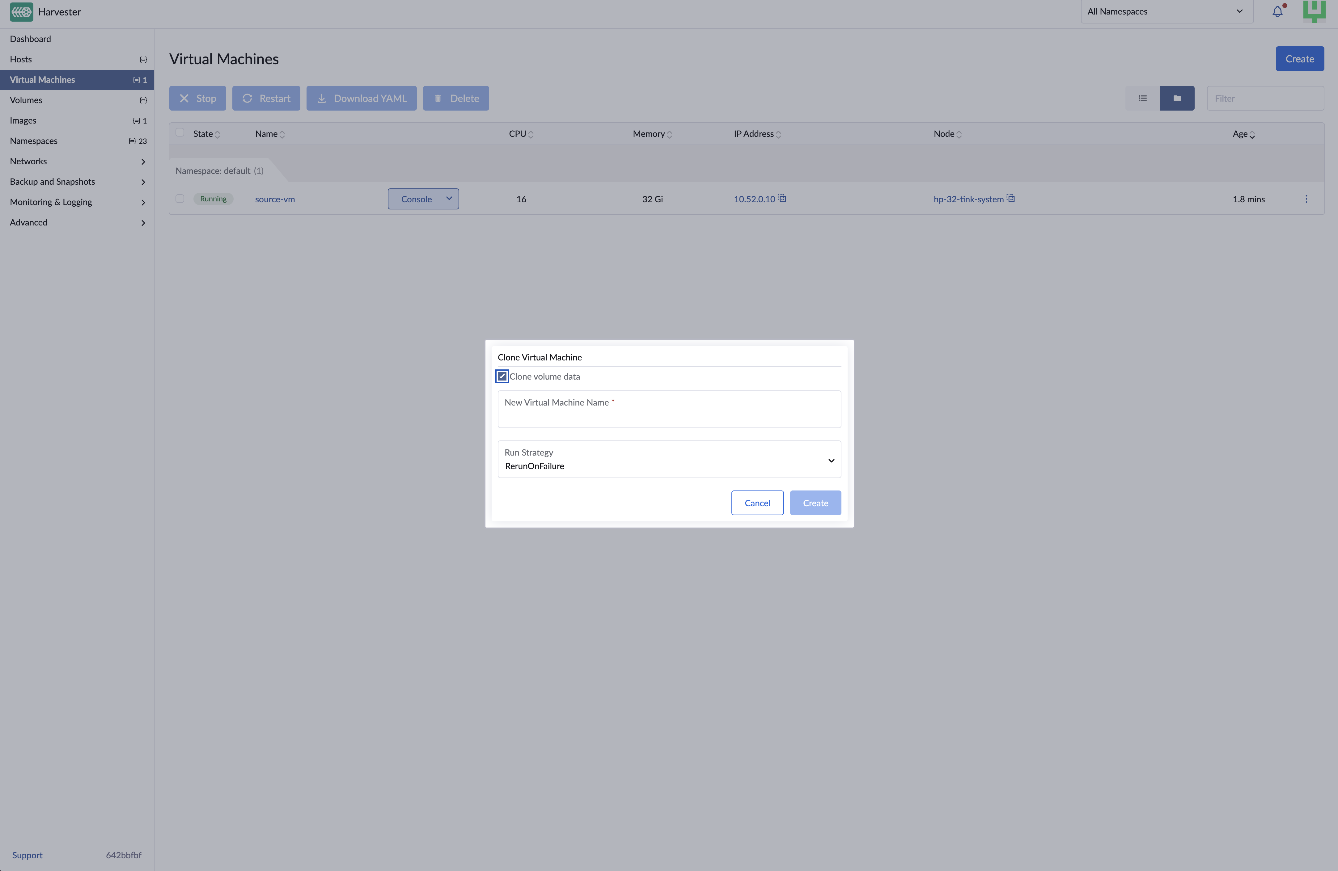 Cloning a virtual machine with volume data