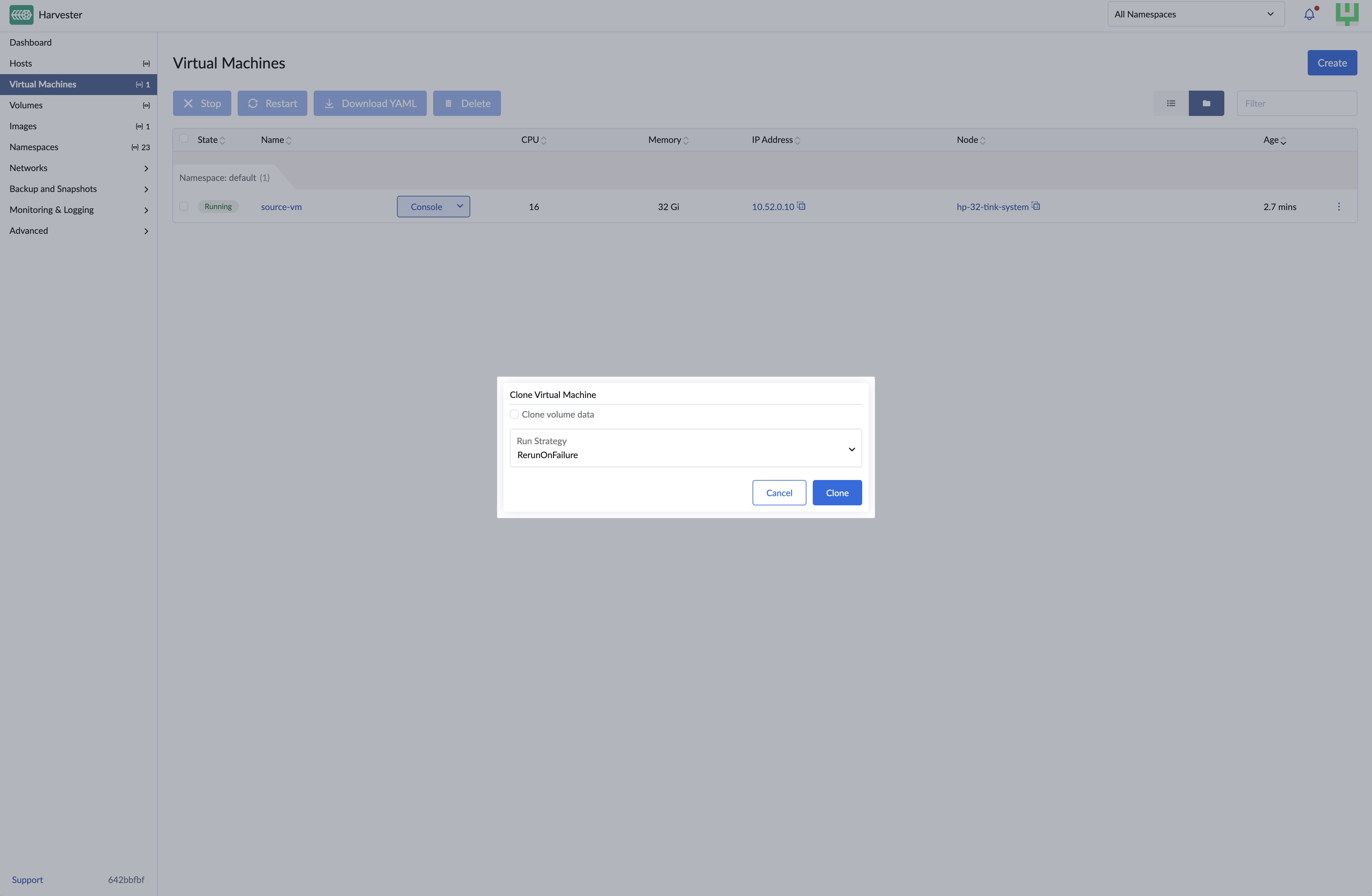 Cloning a virtual machine without volume data