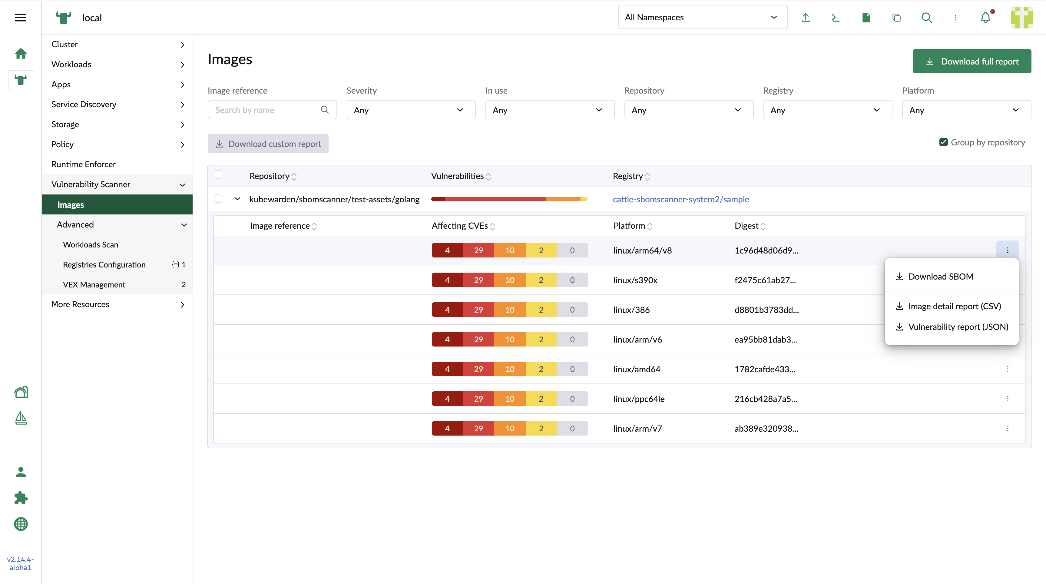Registry image list grouped by repository
