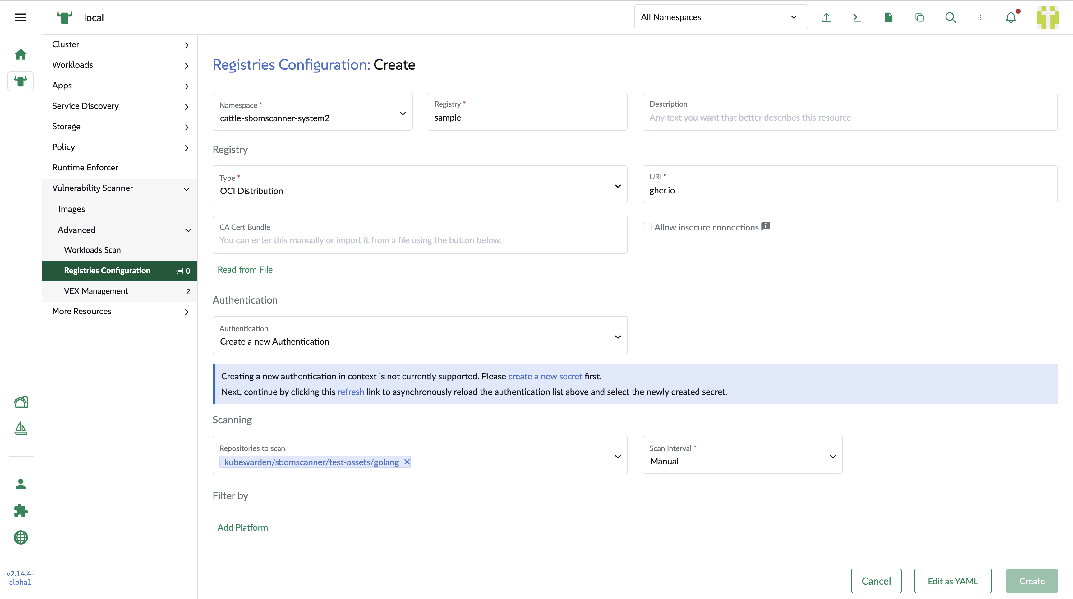 Registry configuration form