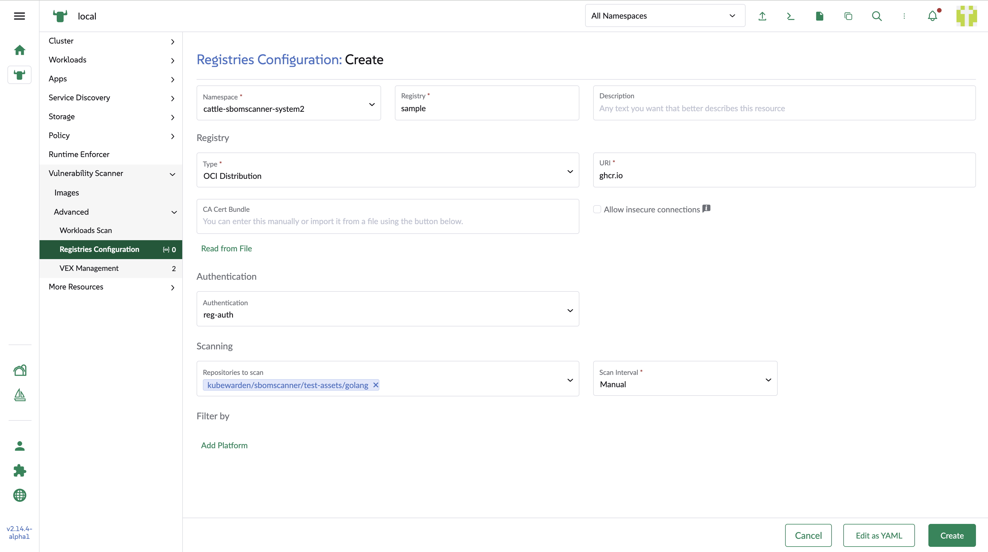 Selecting the new secret and saving the registry