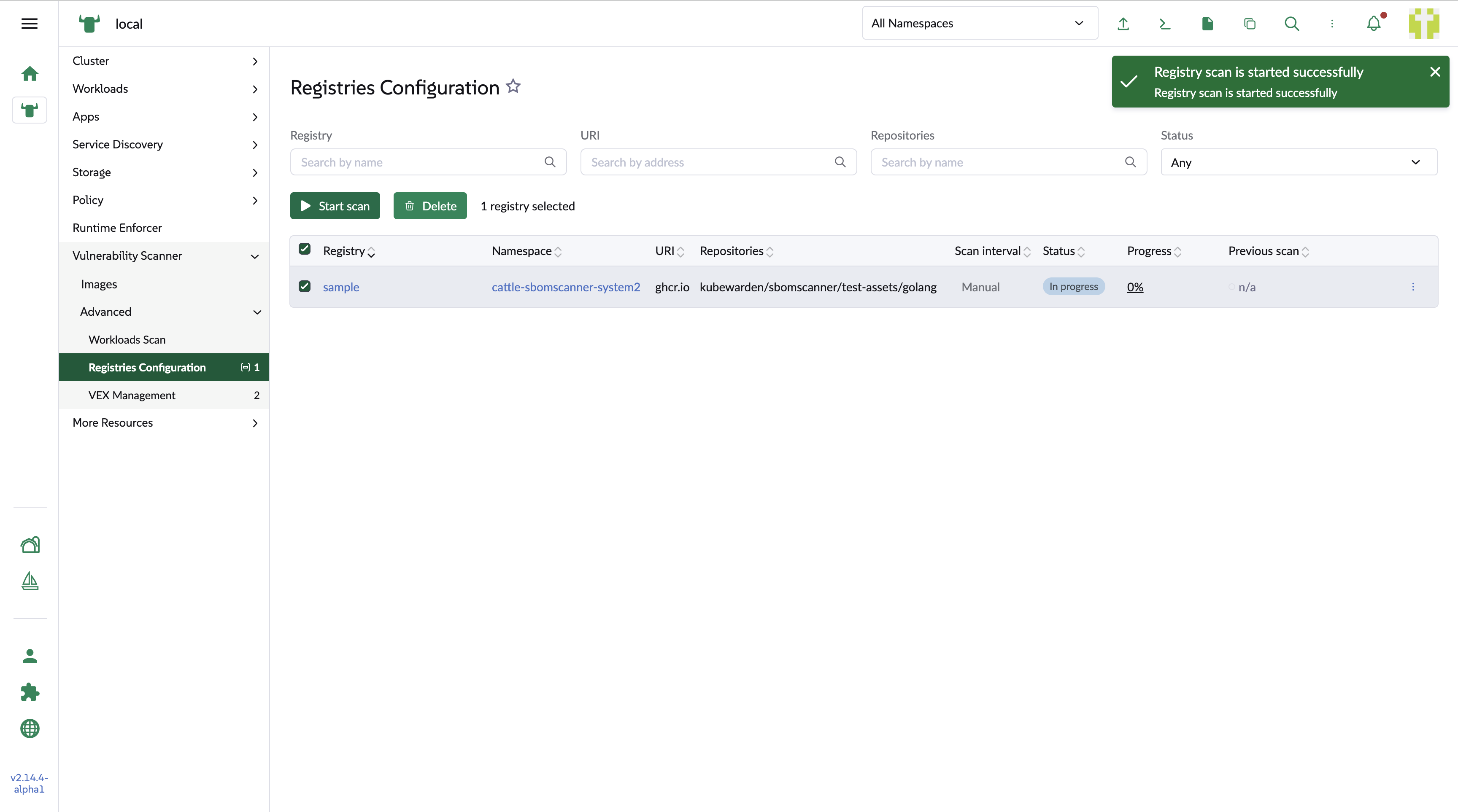 Starting a registry scan