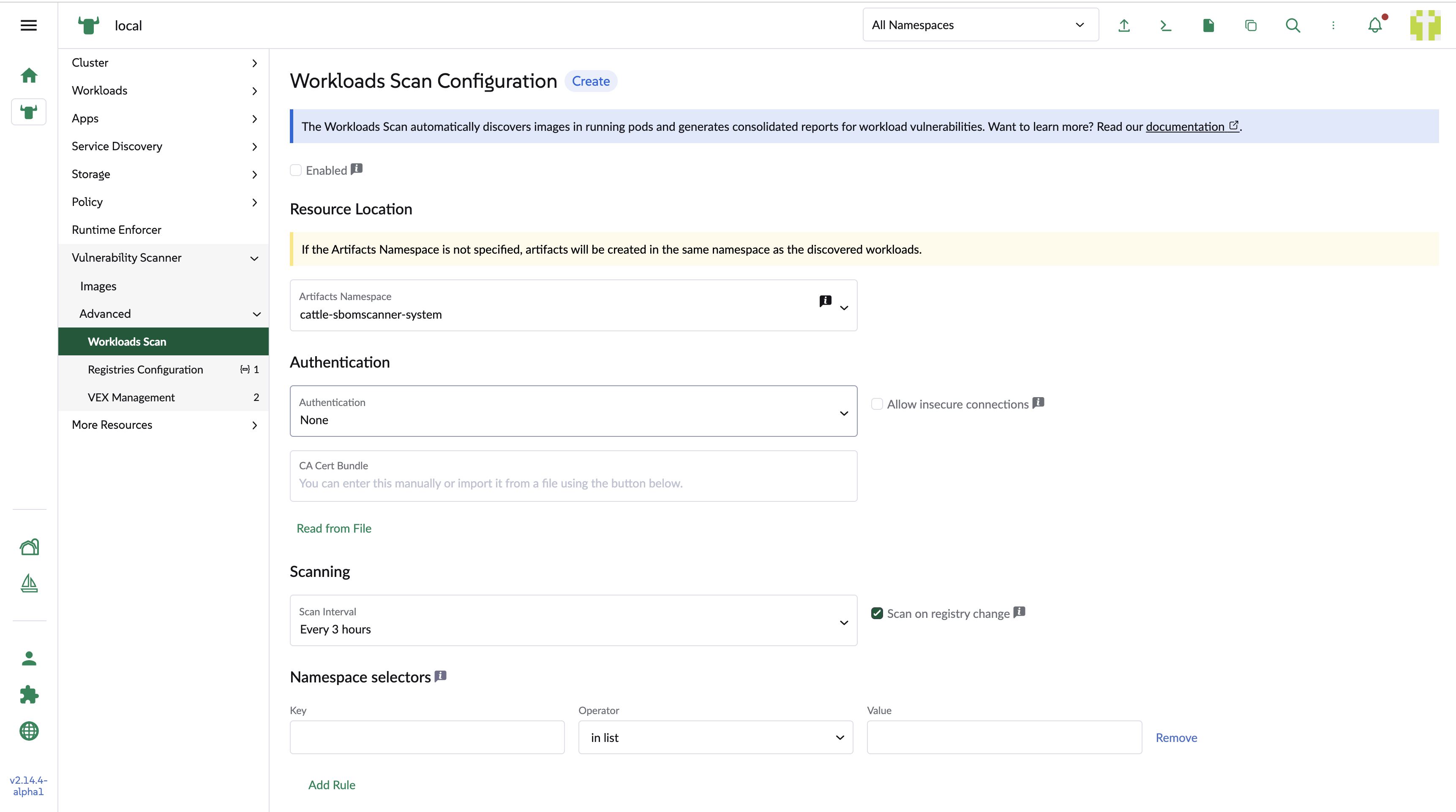 Workload scan configuration