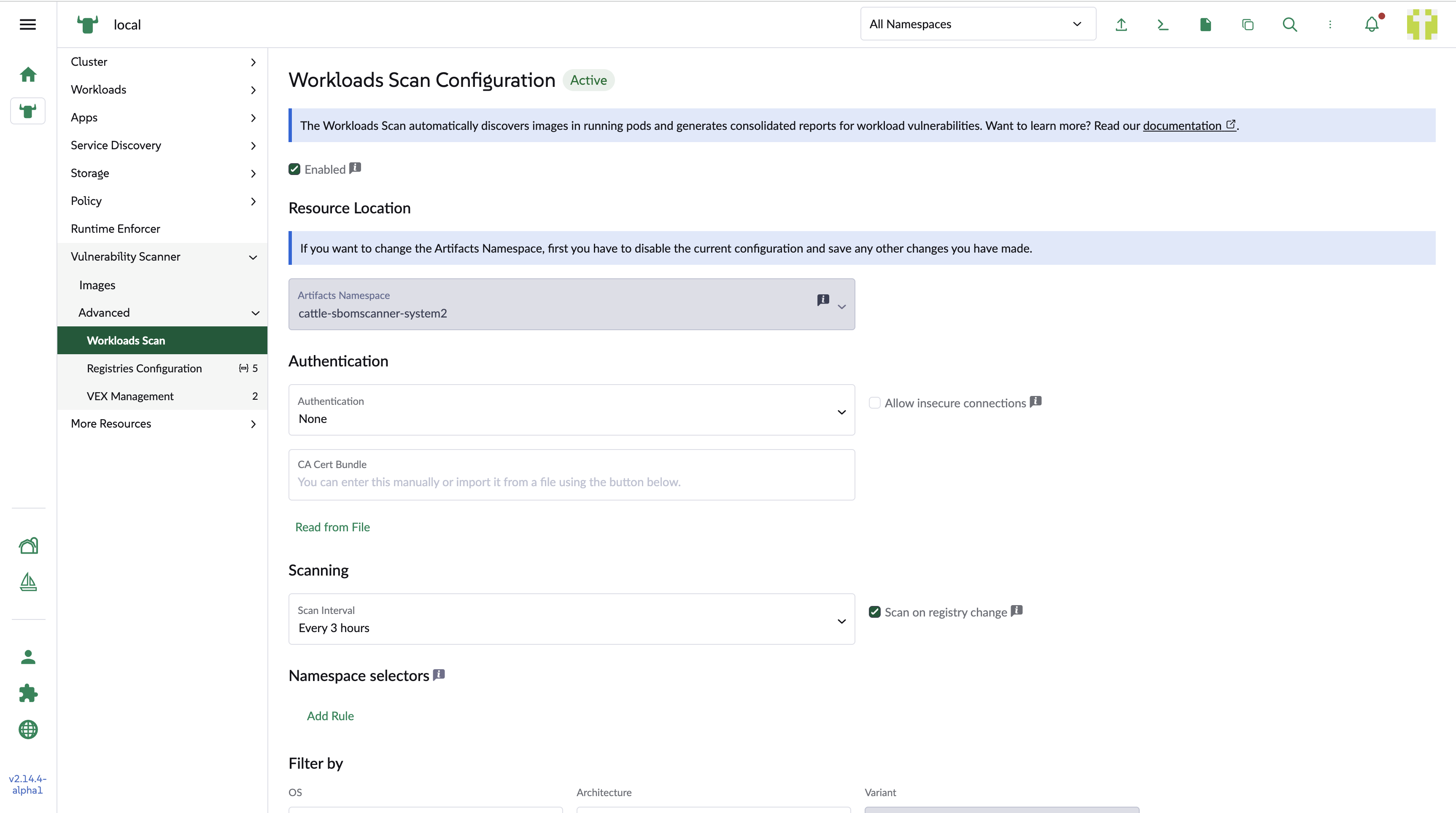 Enabling the workload scan configuration
