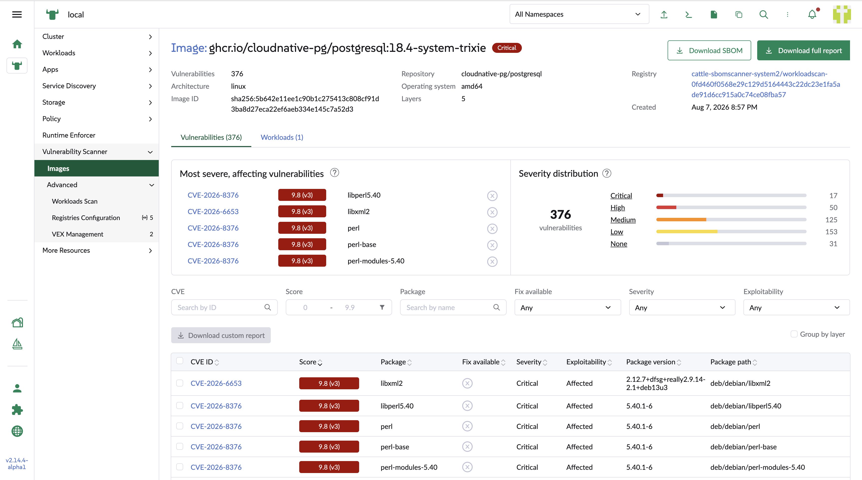 Workload image vulnerabilities