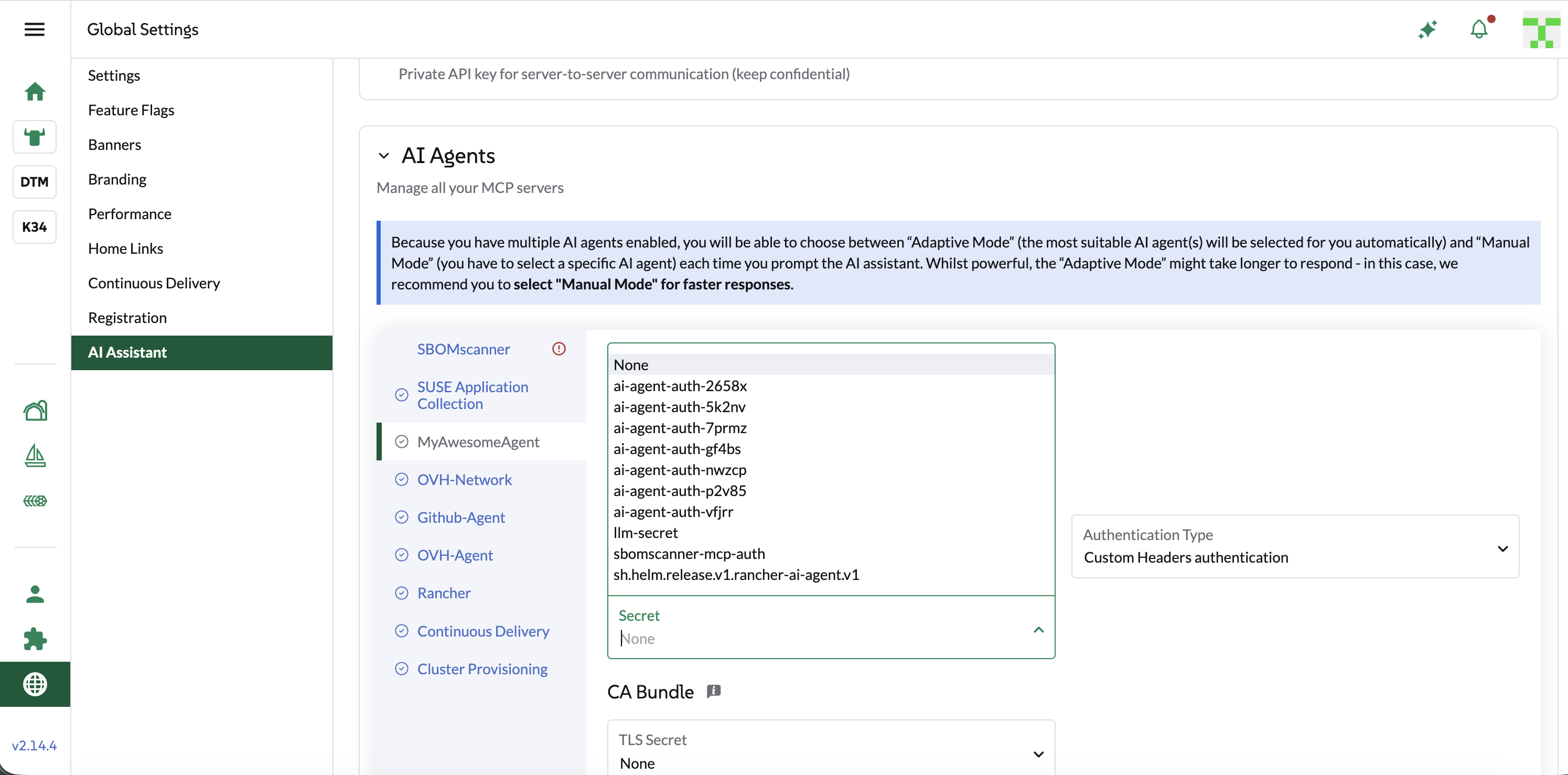 Custom Headers authentication settings for an AI Agent