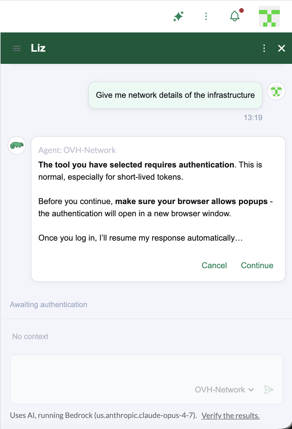 Liz chat prompting the user to authenticate via OAuth2