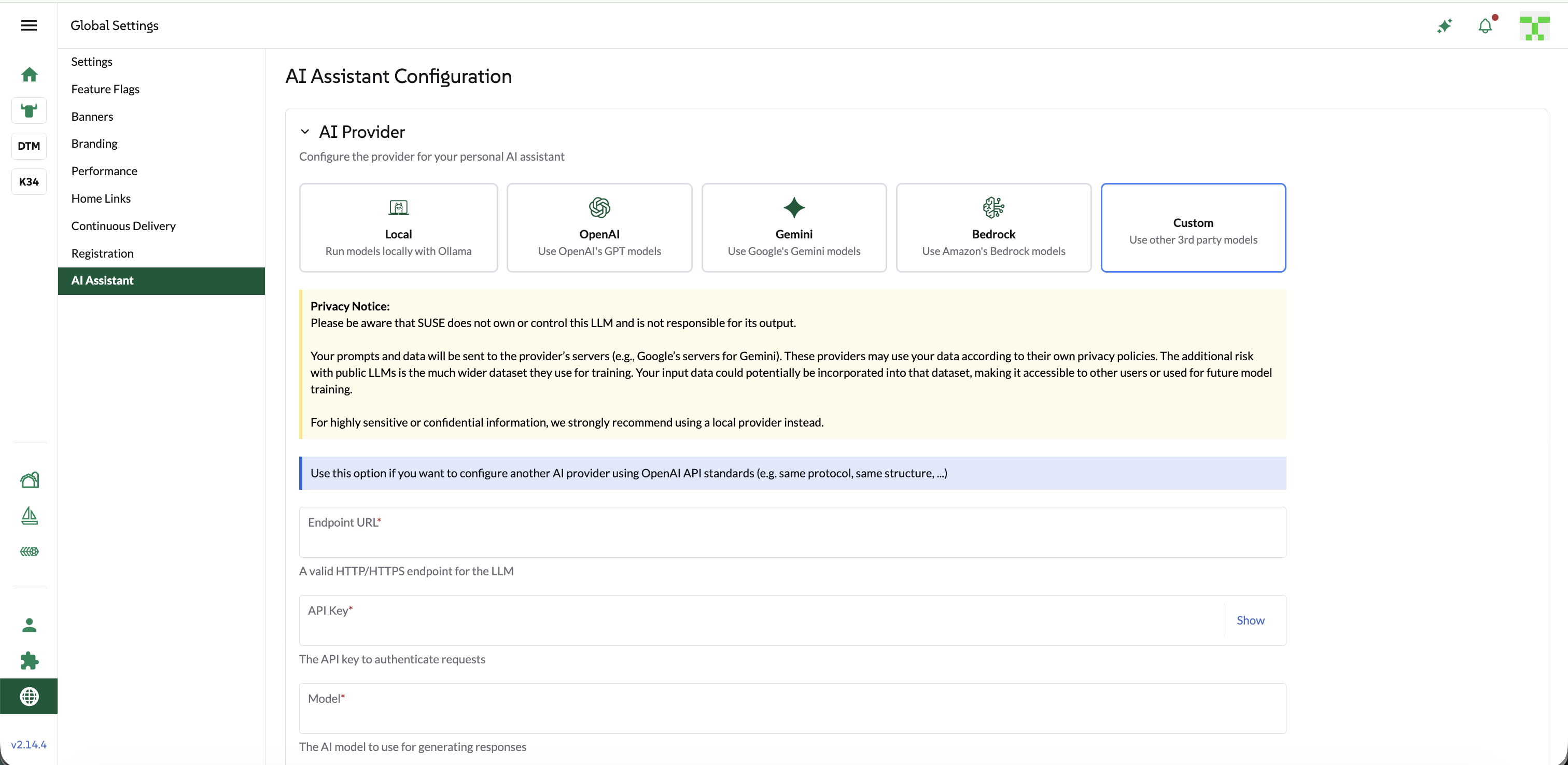 Custom (Generic OpenAI-compatible) provider configuration screen