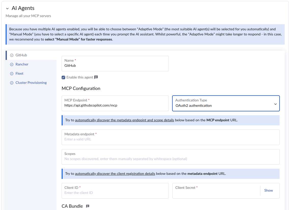 OAuth2 authentication settings for an AI Agent